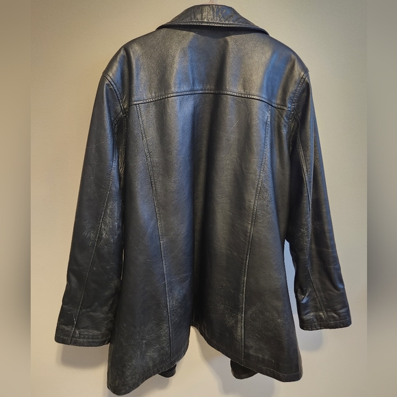 Vintage 90s Oversized Black Leather Jacket Trench - Picture 3 of 4